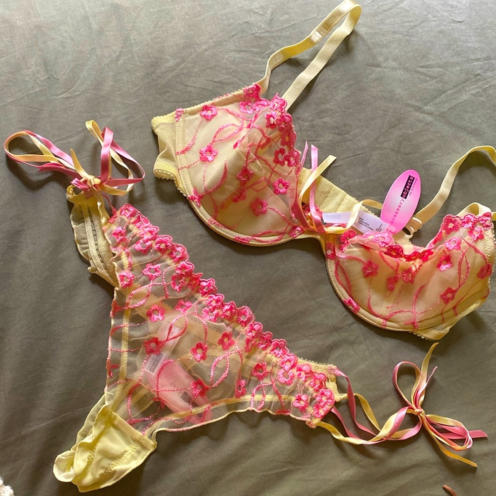 NWT Pink and yellow embroidered lingerie set